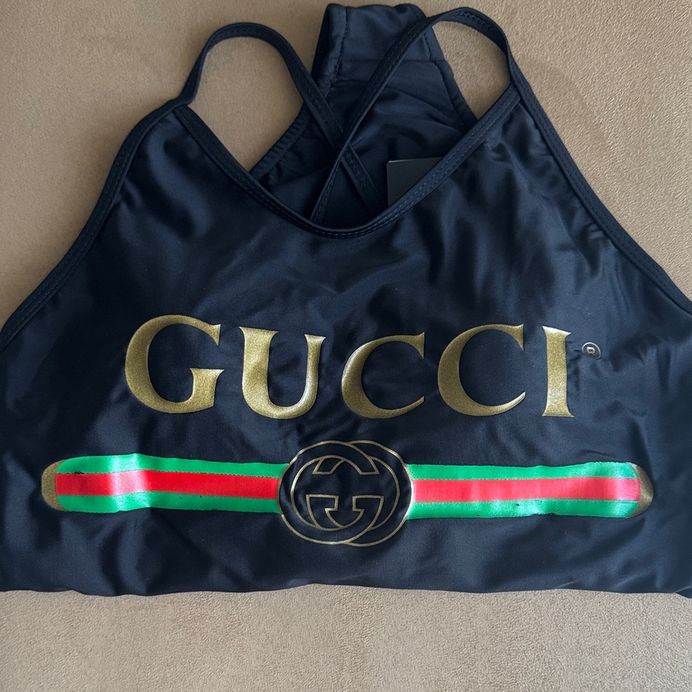 Gucci Black Sports Bra with Gold Logo and Green-Red Stripe